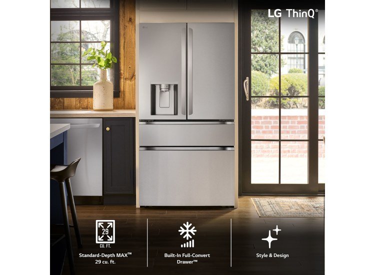 LG stainless French-door refrigerator with water dispenser in a bright kitchen