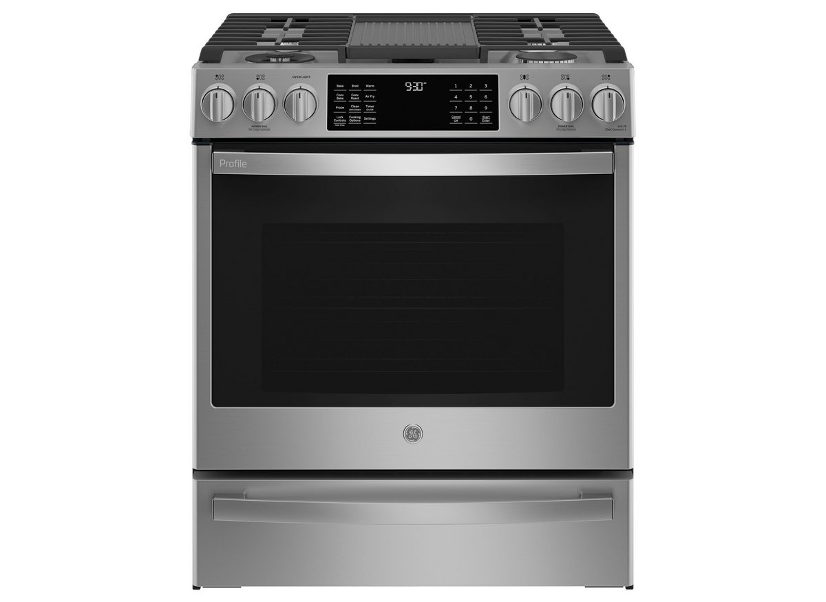 GE Profile stainless gas range with front controls