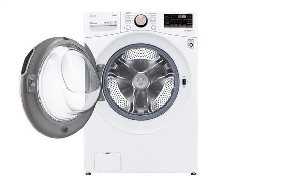 White LG front-load washing machine with door open